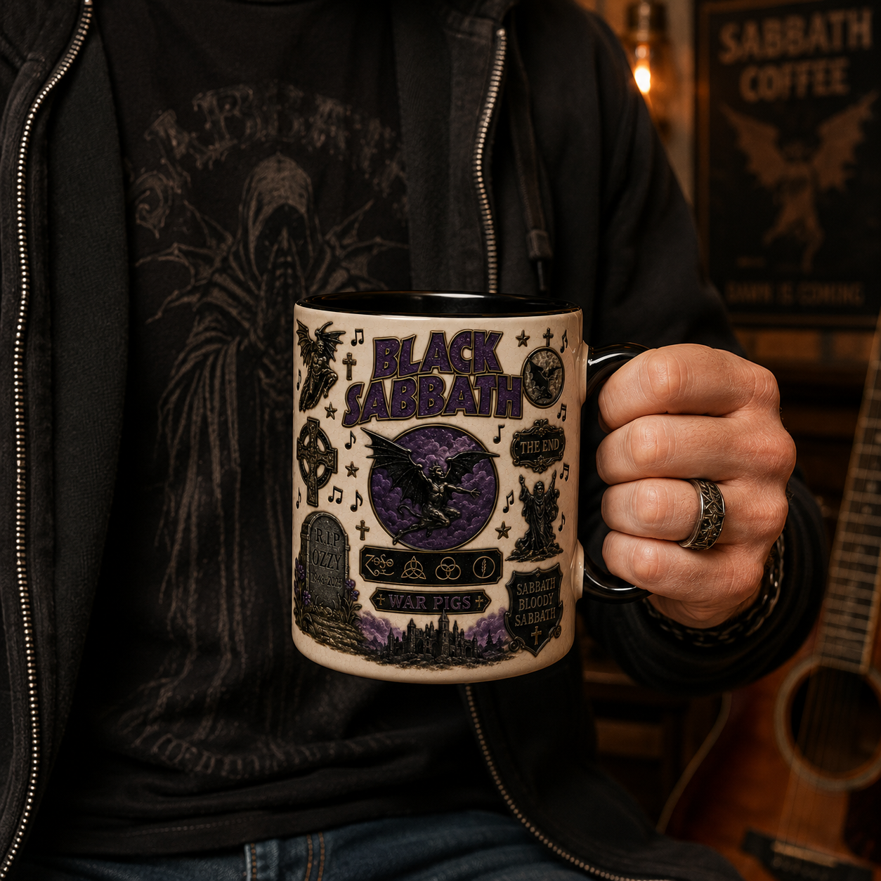Black Sabbath Memorial Mug – Ozzy Osbourne Tribute Coffee Cup, Gothic Heavy Metal Gift for Rock Music Fans