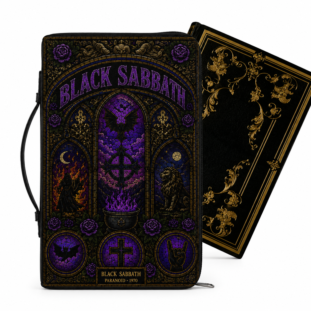 Black Sabbath Stained Glass Bible Cover - Gothic Paranoid 1970 Art Leather Zippered Book Cover