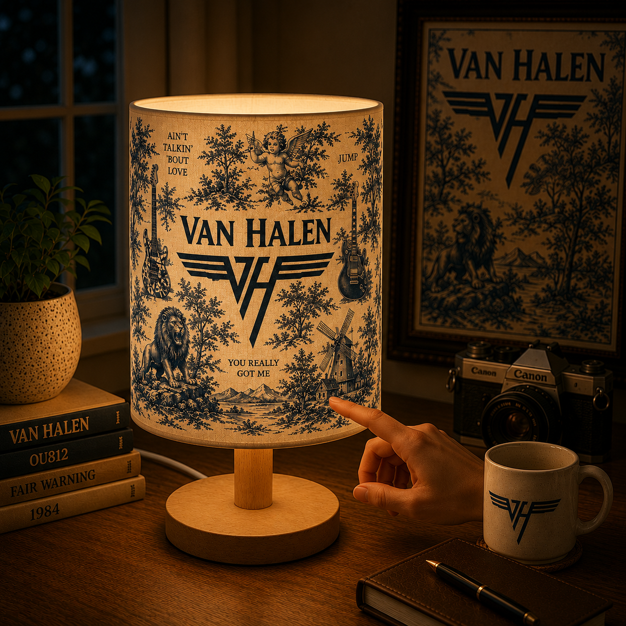 Van Halen Fabric Table Lamp – Music Room Decor Wooden Bedside Lamp Gift