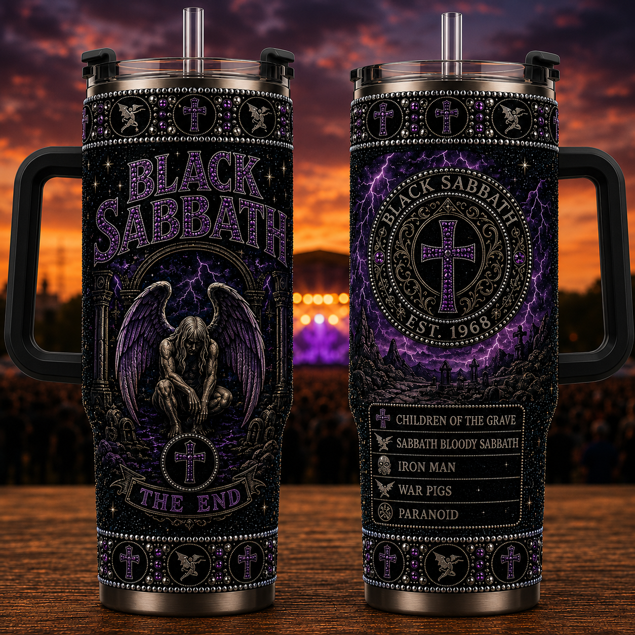 Black Sabbath 40oz Rhinestone Insulated Tumbler with Handle - Rock Band Stainless Steel Travel Mug with Straw and Lid