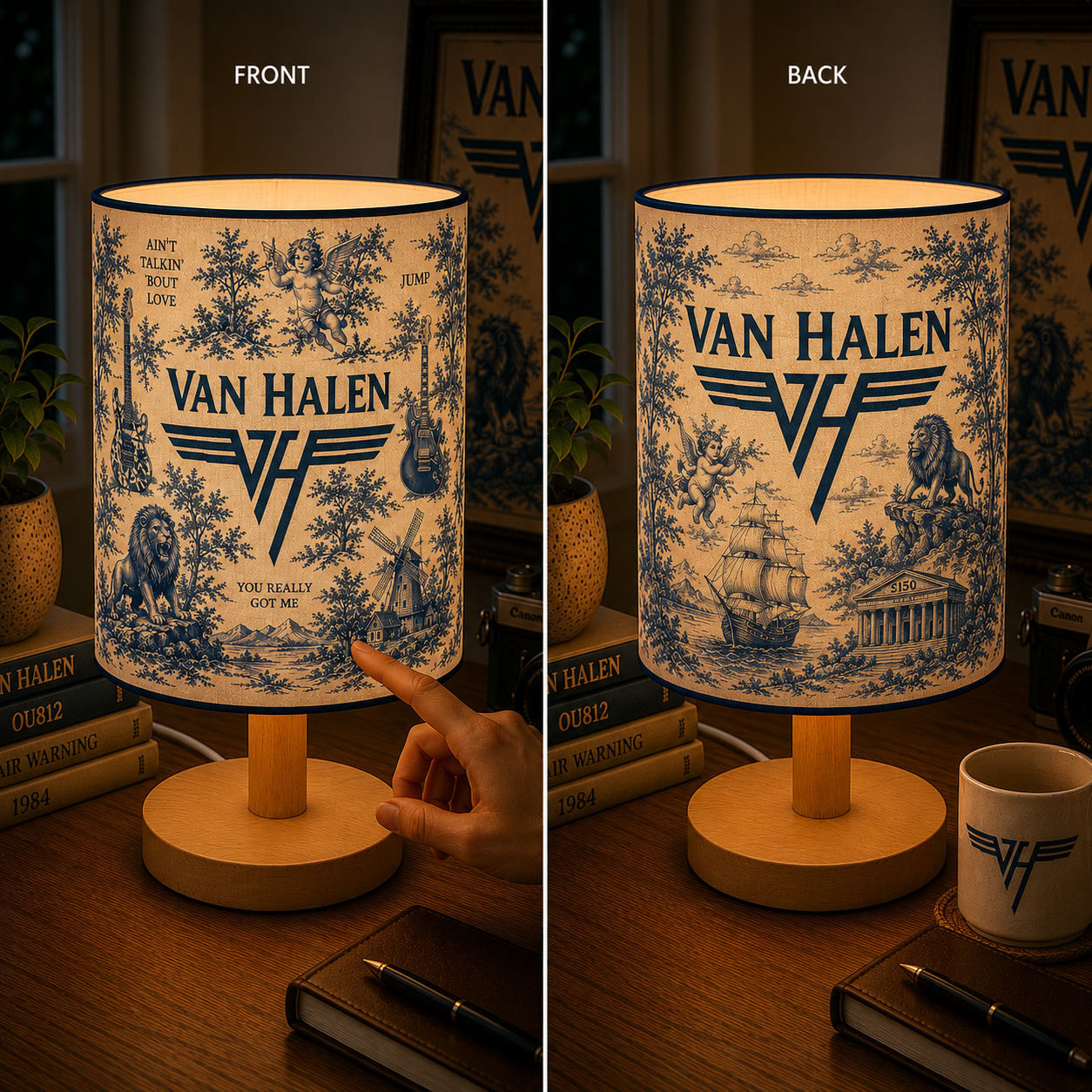 Van Halen Fabric Table Lamp – Music Room Decor Wooden Bedside Lamp Gift