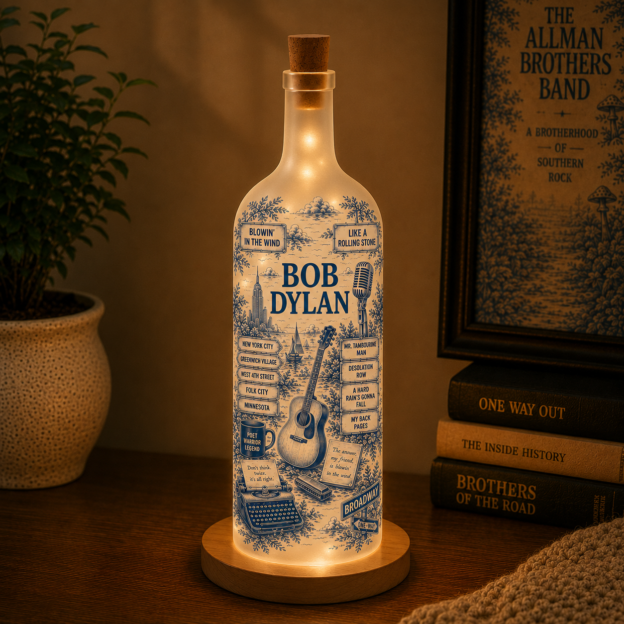 Bob Dylan Bottle Lamp – Handmade LED Glass Bottle Lamp, Vintage Bob Dylan Music Night Light Gift for Folk Rock Fans