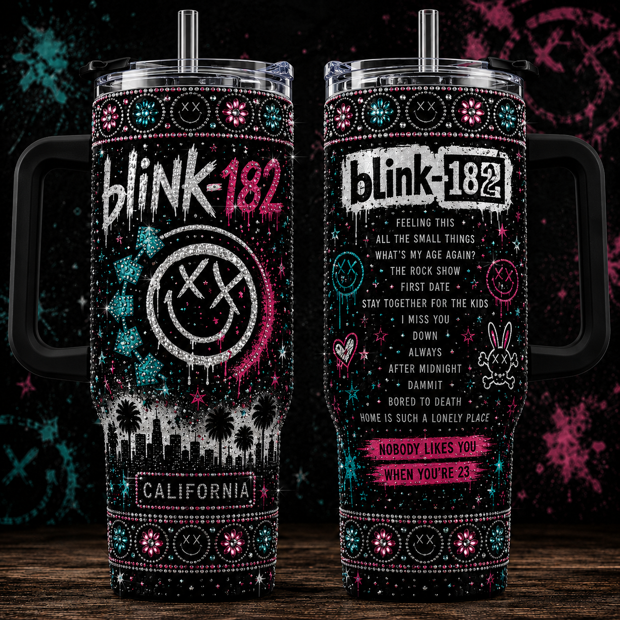 Blink-182 40oz Rhinestone Insulated Tumbler with Handle - Rock Band Stainless Steel Travel Mug with Straw and Lid