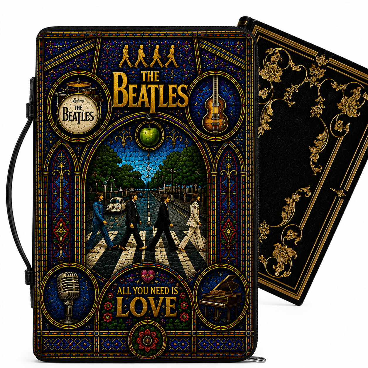 The Beatles Stained Glass Bible Cover - Abbey Road All You Need Is Love Leather Zippered Book Cover