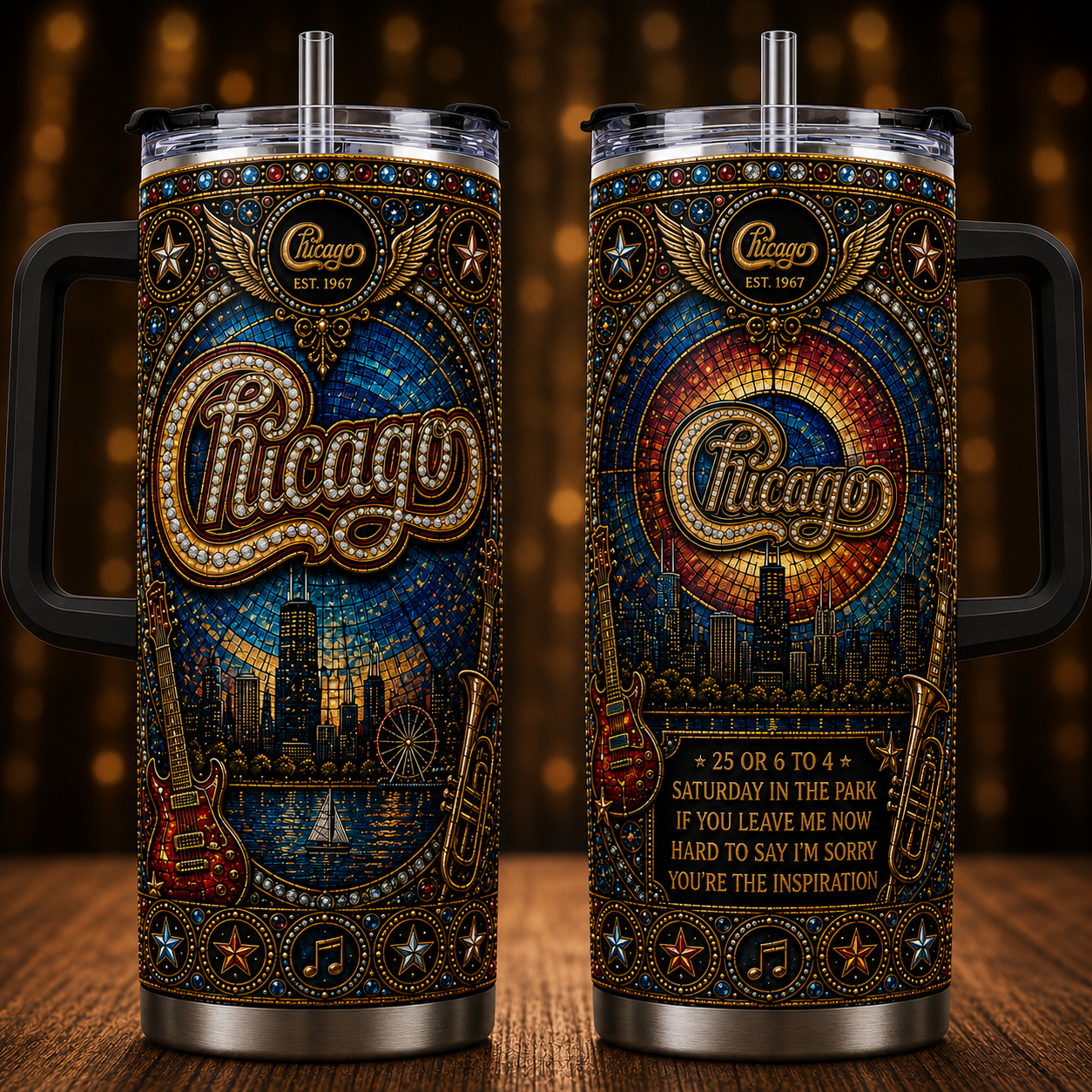 Chicago 40oz Rhinestone Insulated Tumbler with Handle - Rock Band Stainless Steel Travel Mug with Straw and Lid