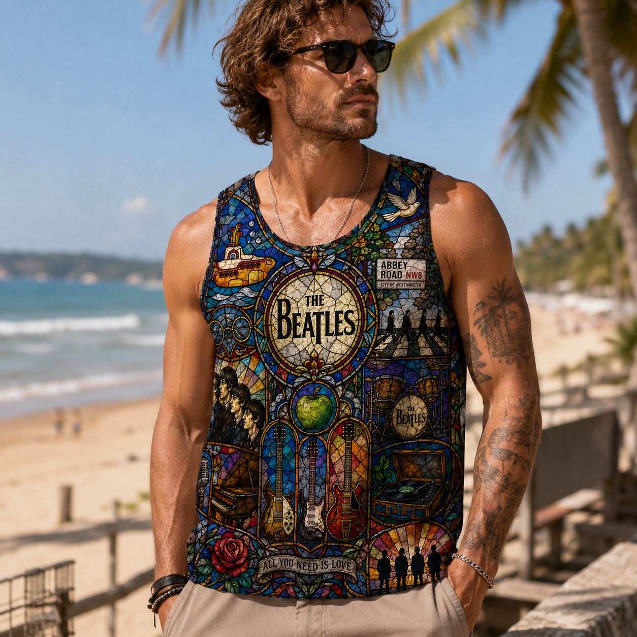 The Beatles Stained Glass Tank Top - All You Need Is Love Abbey Road Summer Beach Sleeveless Shirt