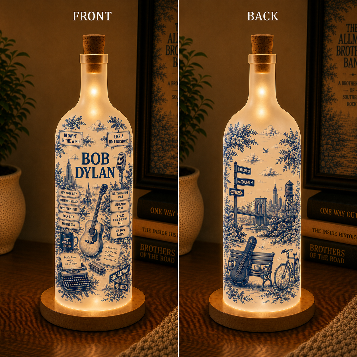 Bob Dylan Bottle Lamp – Handmade LED Glass Bottle Lamp, Vintage Bob Dylan Music Night Light Gift for Folk Rock Fans