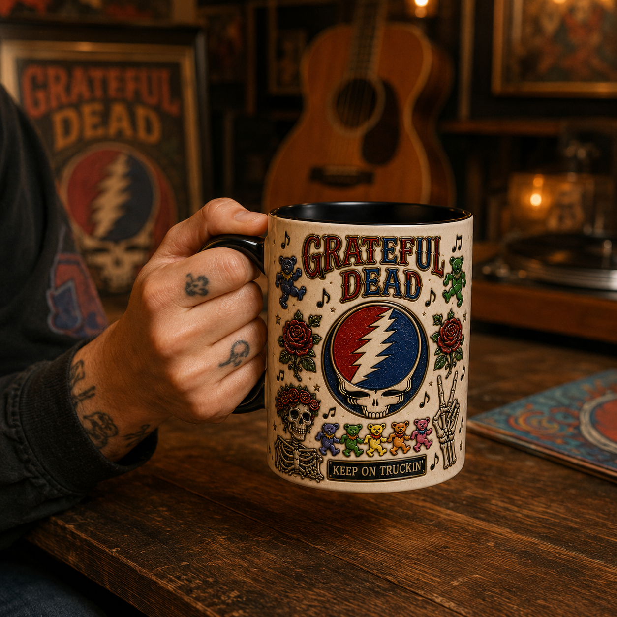 Grateful Dead Mug – Steal Your Face Coffee Cup, Dancing Bears & Roses Gift for Deadheads
