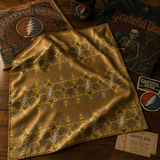 Grateful Dead Inspired Golden Satin Bandana - Vintage Boho Festival Scarf with Stealie Lightning Design