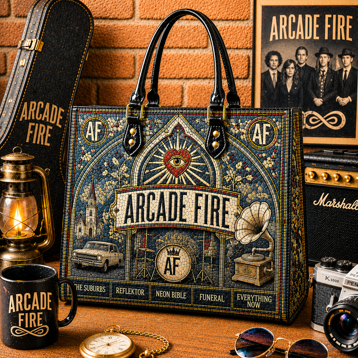 Arcade Fire Leather Handbag, Leather Tote Bag, Leather Wallet Set - Mosaic Arcade Fire Band Fan Gift, Luxury Rock Music Accessories