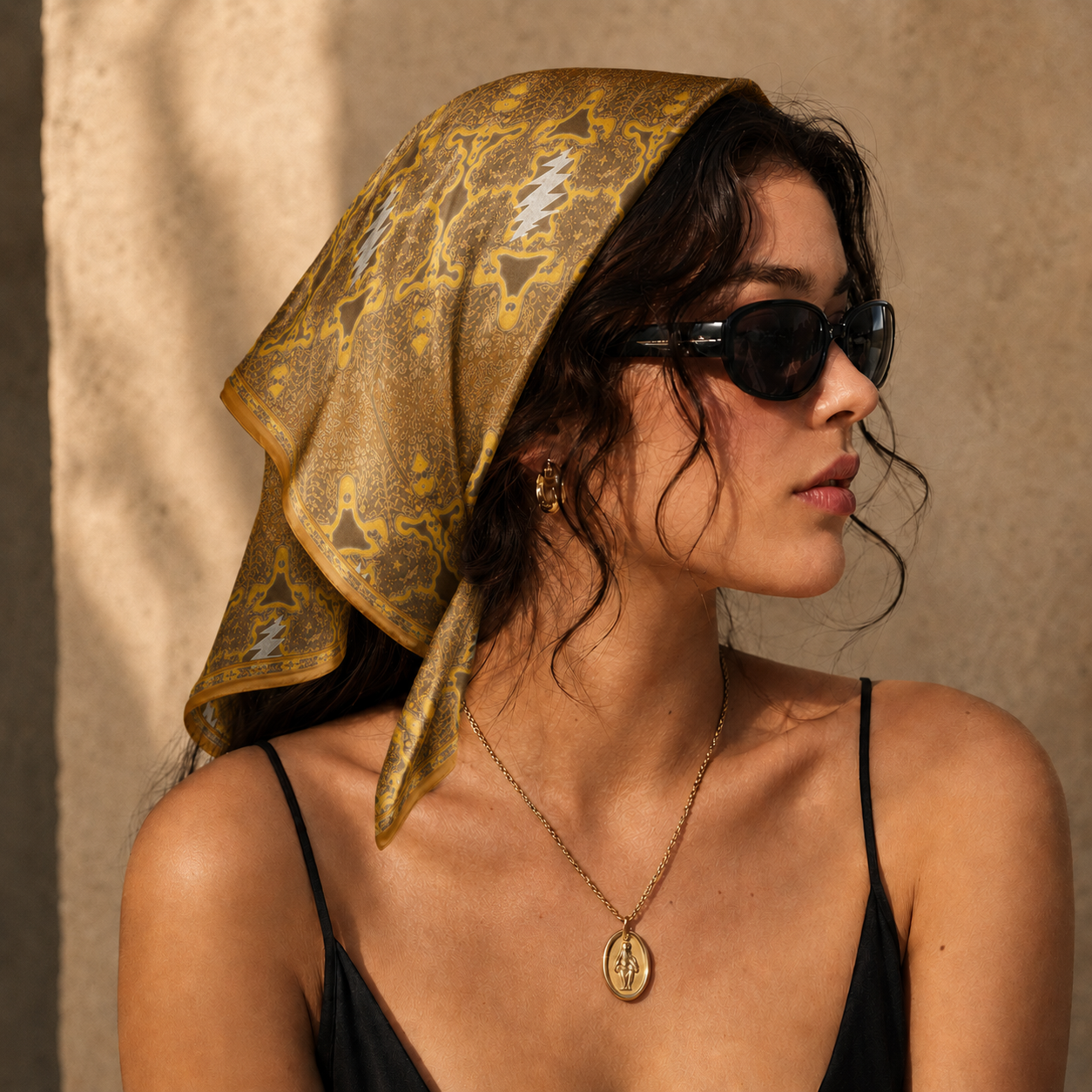Grateful Dead Inspired Golden Satin Bandana - Vintage Boho Festival Scarf with Stealie Lightning Design