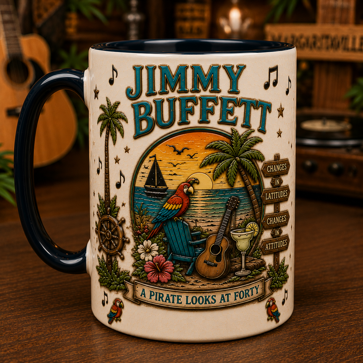 Jimmy Buffett Mug – A Pirate Looks at Forty Coffee Cup, Tropical Beach Music Gift for Parrotheads