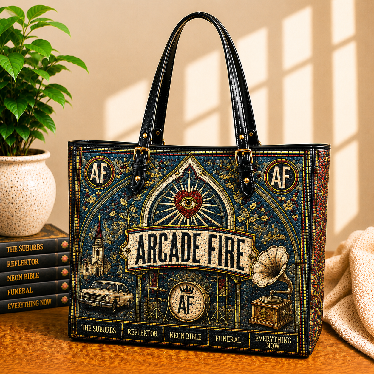Arcade Fire Leather Handbag, Leather Tote Bag, Leather Wallet Set - Mosaic Arcade Fire Band Fan Gift, Luxury Rock Music Accessories