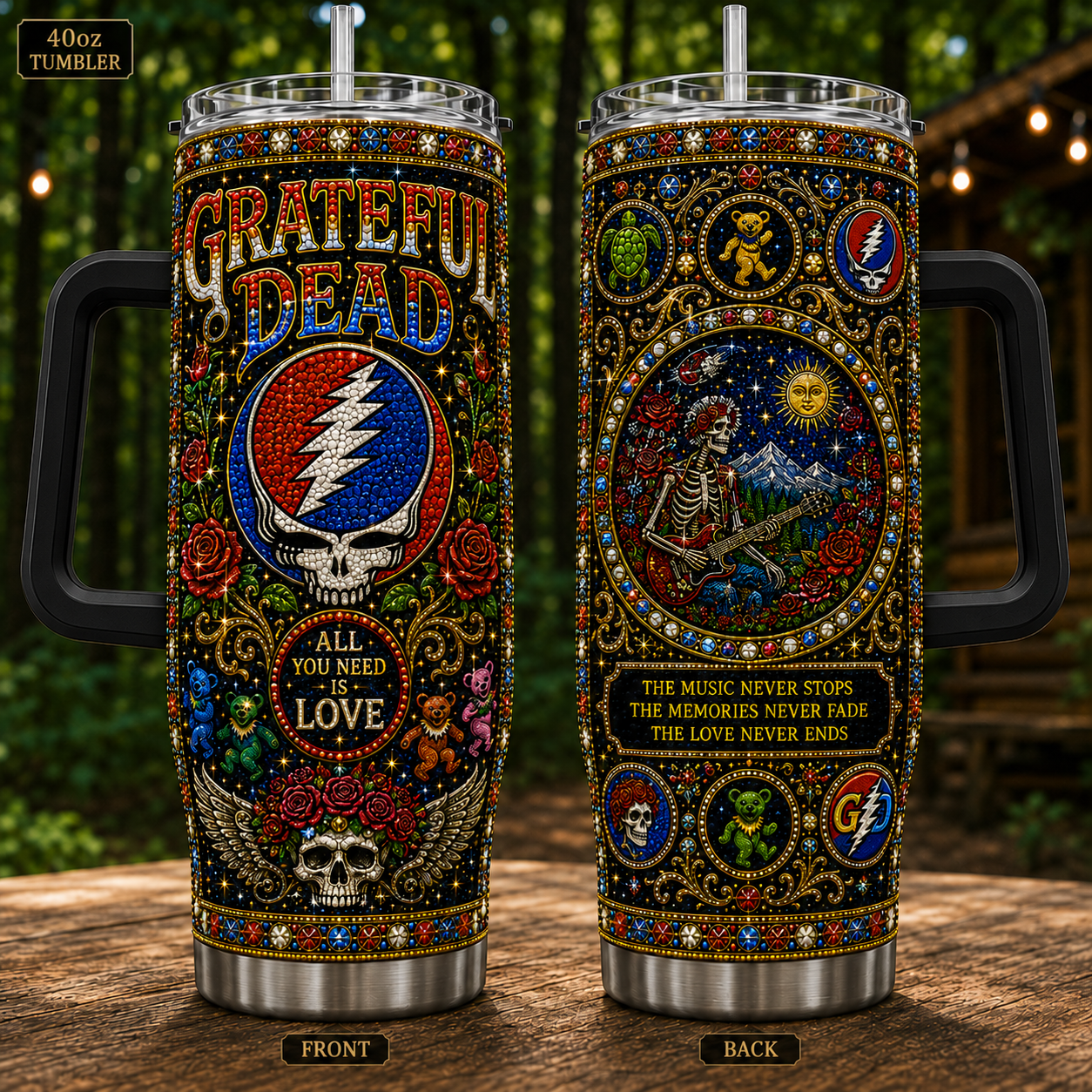 Grateful Dead 40oz Insulated Tumbler with Handle - Stainless Steel Travel Mug with Straw and Lid