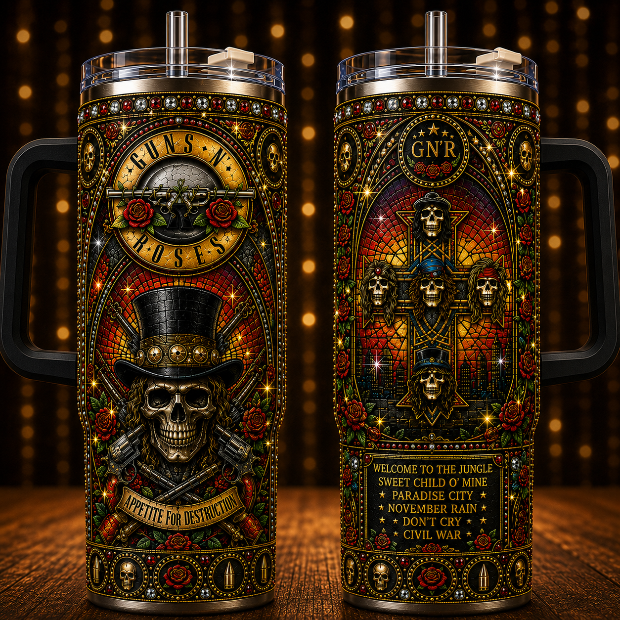 Guns N' Roses 40oz Insulated Tumbler with Handle - Stainless Steel Travel Mug with Straw and Lid