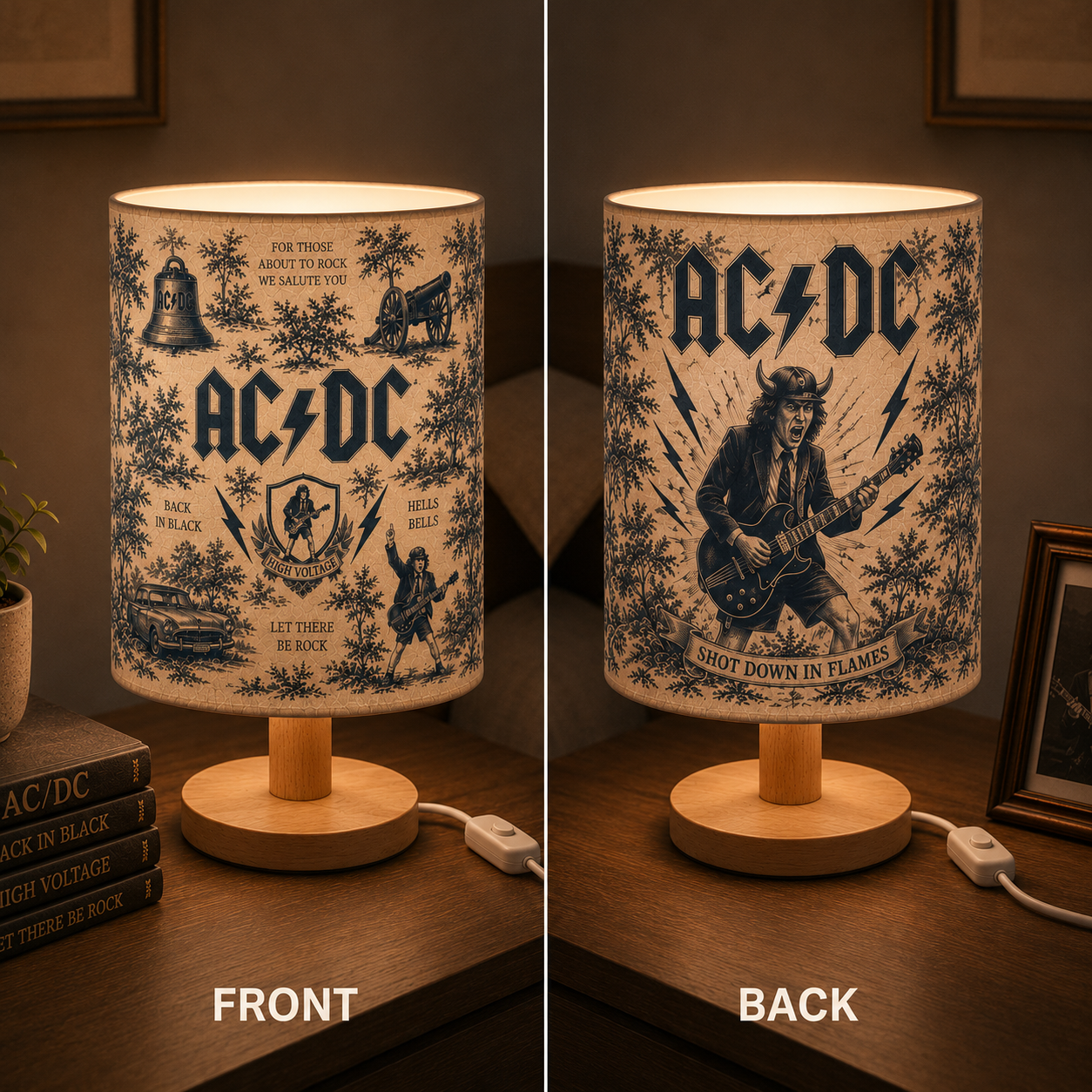 AC/DC Fabric Table Lamp – Music Room Decor Wooden Bedside Lamp Gift