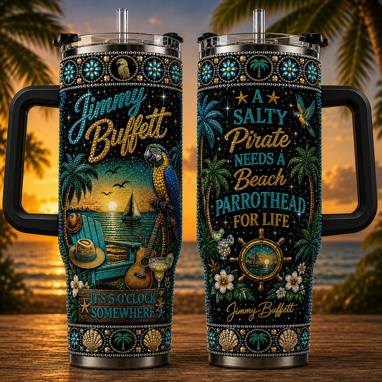 Jimmy Buffett 40oz Rhinestone Insulated Tumbler with Handle - Stainless Steel Travel Mug with Straw and Lid