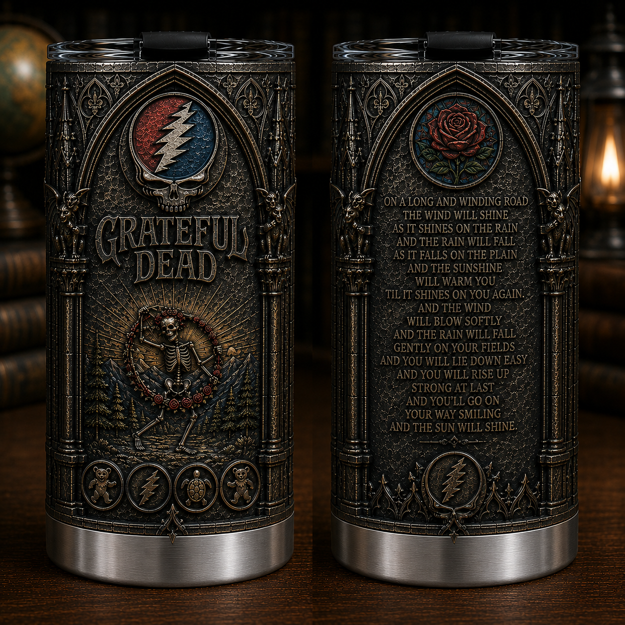 Grateful Dead 3D Printed Stainless Steel Tumbler, Dancing Skeleton Gothic Travel Cup, Classic Rock Fan Gift