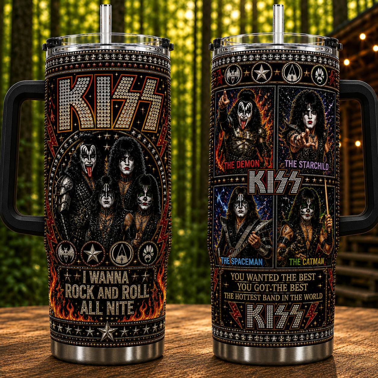 Kiss Band 40oz Rhinestone Insulated Tumbler with Handle - Stainless Steel Travel Mug with Straw and Lid