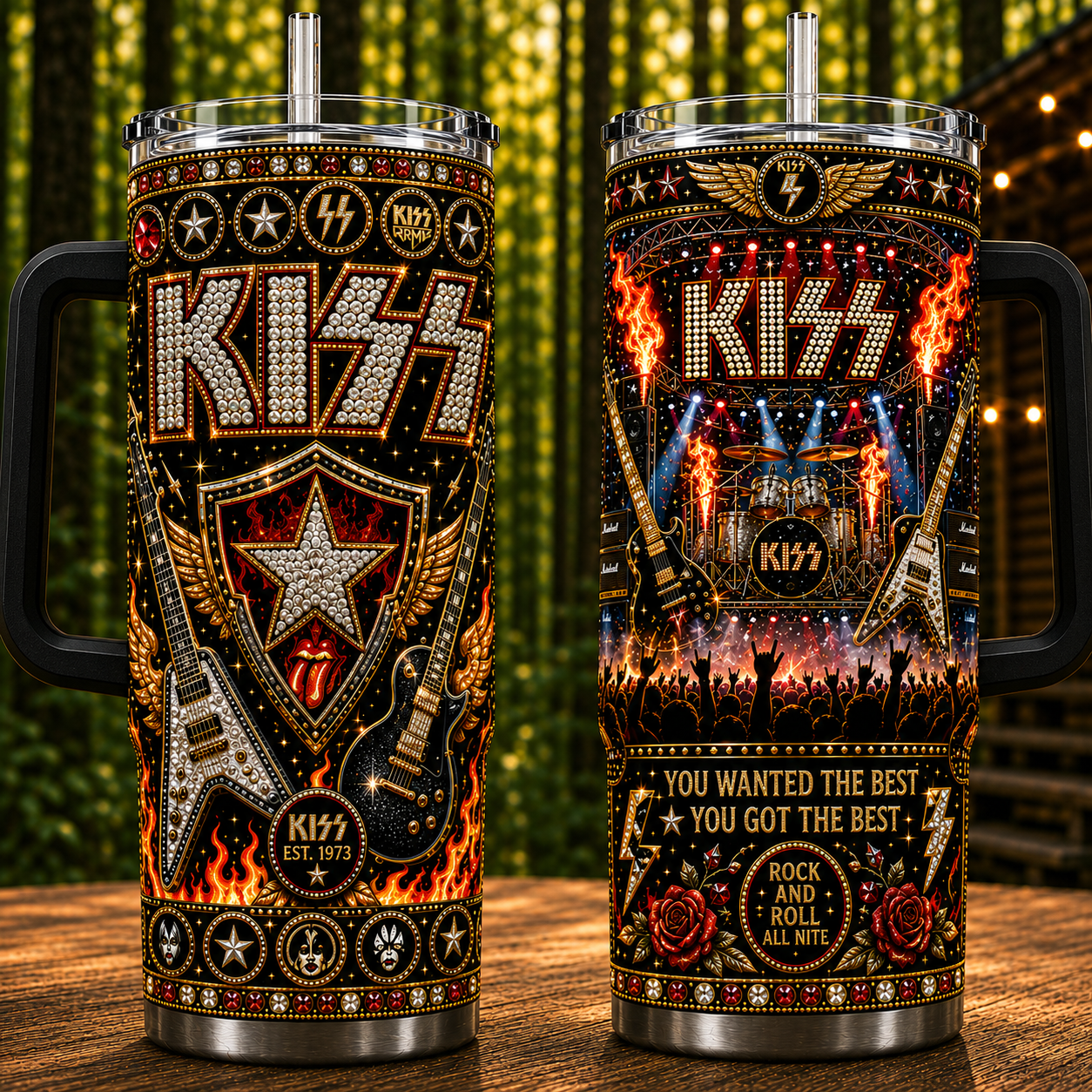 Kiss Band 40oz Rhinestone Insulated Tumbler with Handle - Stainless Steel Travel Mug with Straw and Lid
