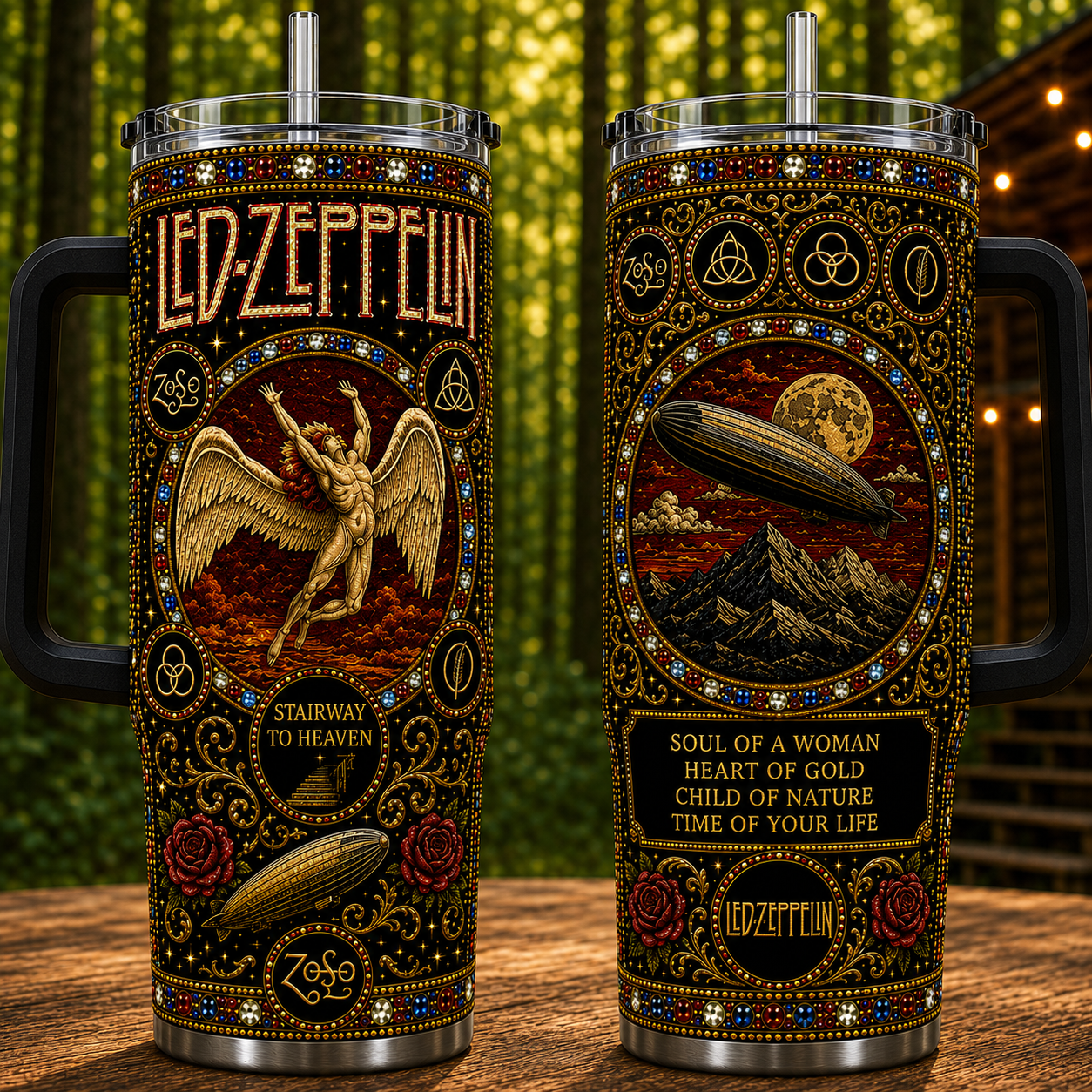 Led Zeppelin 40oz Rhinestone Insulated Tumbler with Handle - Stainless Steel Travel Mug with Straw and Lid