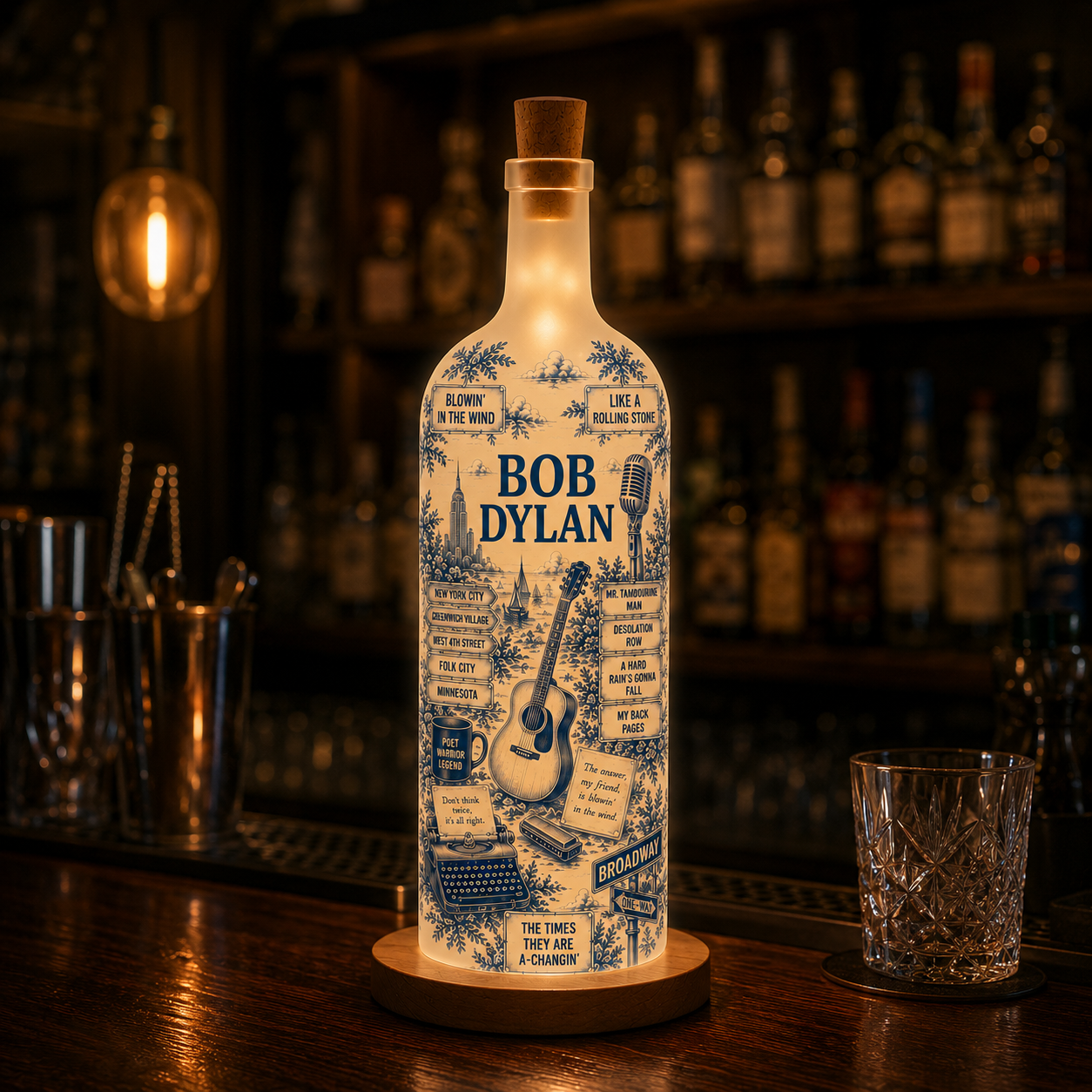 Bob Dylan Bottle Lamp – Handmade LED Glass Bottle Lamp, Vintage Bob Dylan Music Night Light Gift for Folk Rock Fans