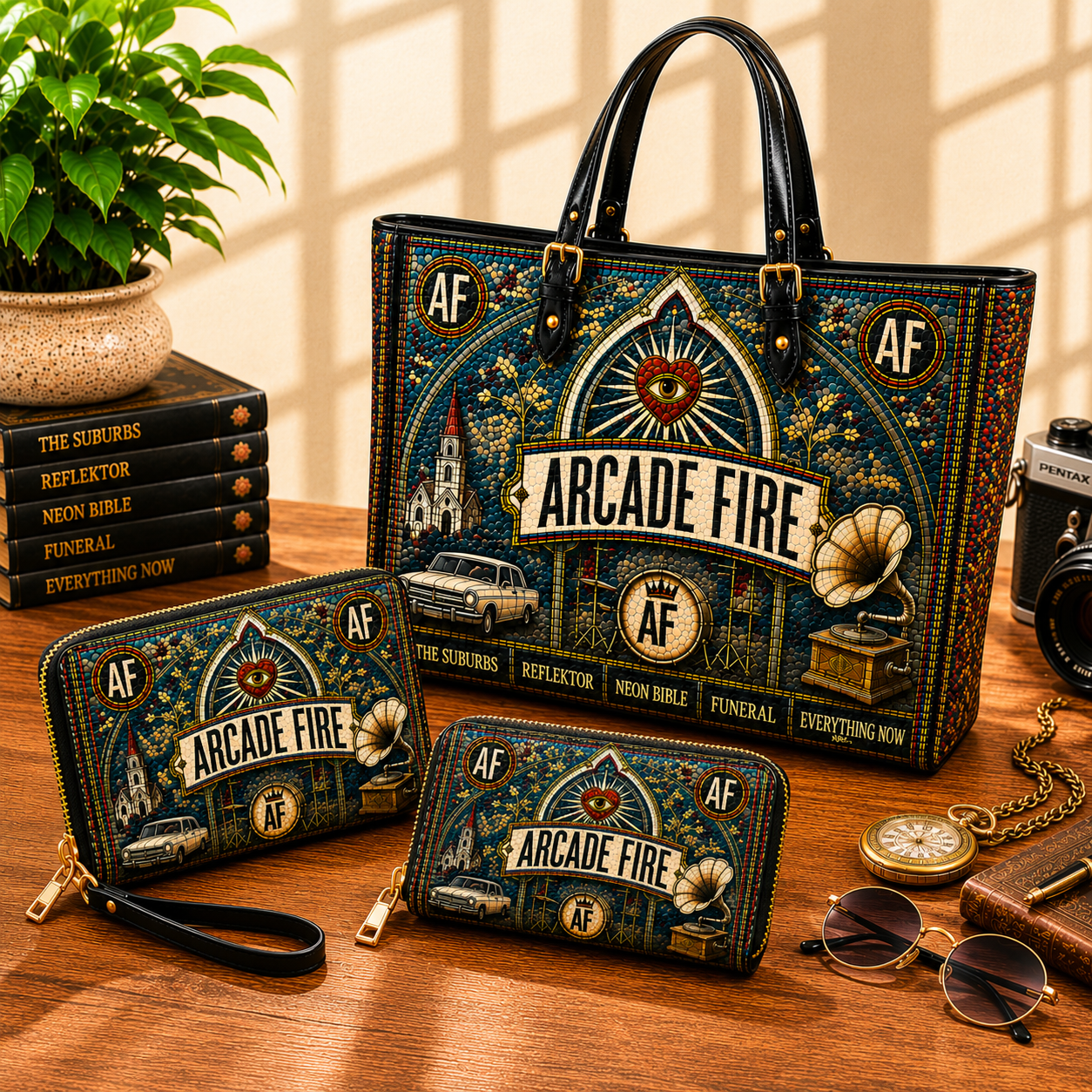 Arcade Fire Leather Handbag, Leather Tote Bag, Leather Wallet Set - Mosaic Arcade Fire Band Fan Gift, Luxury Rock Music Accessories