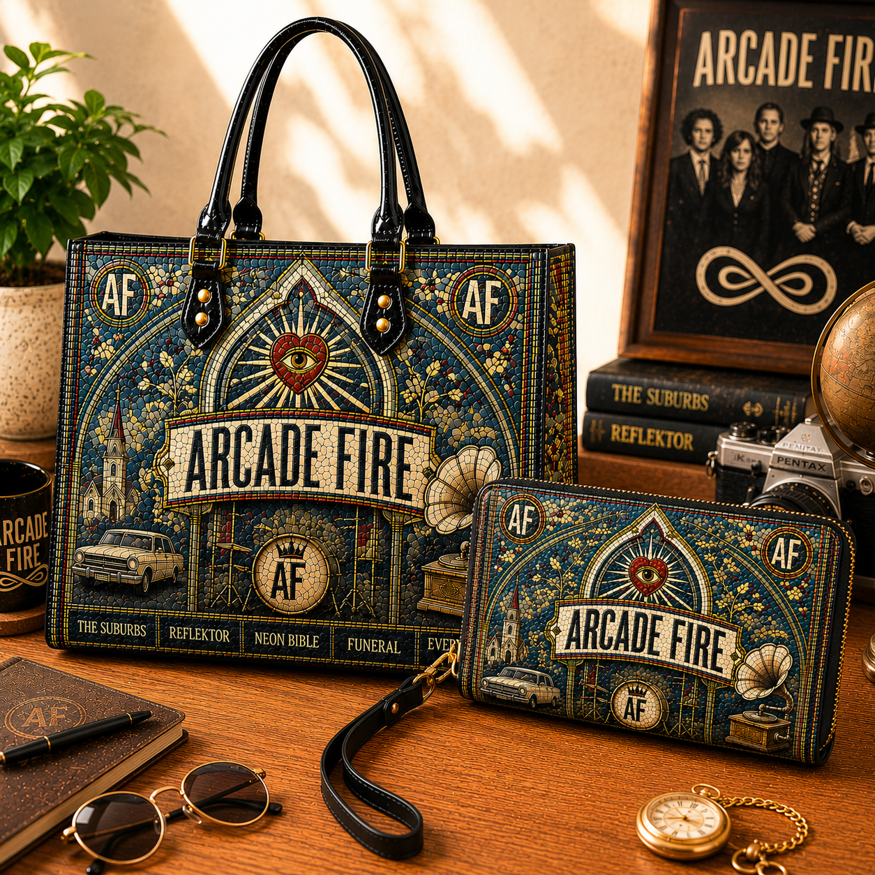 Arcade Fire Leather Handbag, Leather Tote Bag, Leather Wallet Set - Mosaic Arcade Fire Band Fan Gift, Luxury Rock Music Accessories