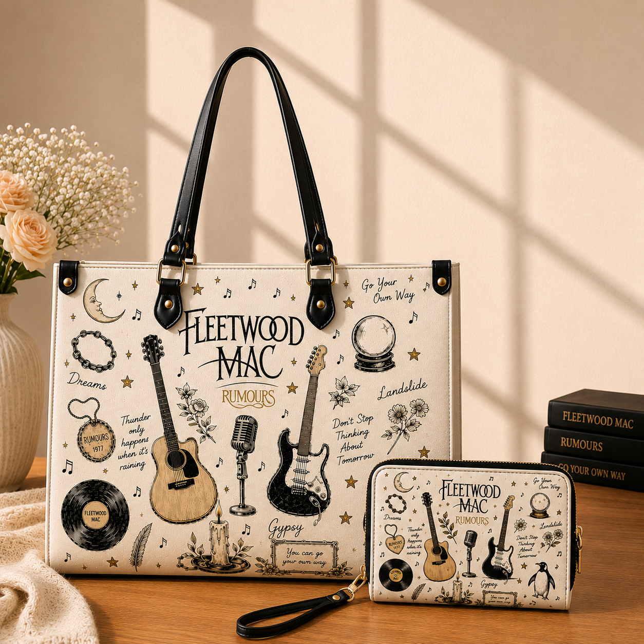 Fleetwood Mac Sketch Icon Handbag, Tote Bag and Wallet Set, Rumours Inspired Vintage Music Lover Gift, Classic Rock Fan Accessories