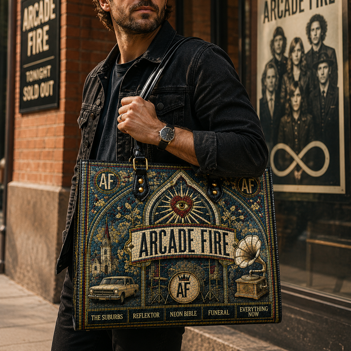 Arcade Fire Leather Handbag, Leather Tote Bag, Leather Wallet Set - Mosaic Arcade Fire Band Fan Gift, Luxury Rock Music Accessories