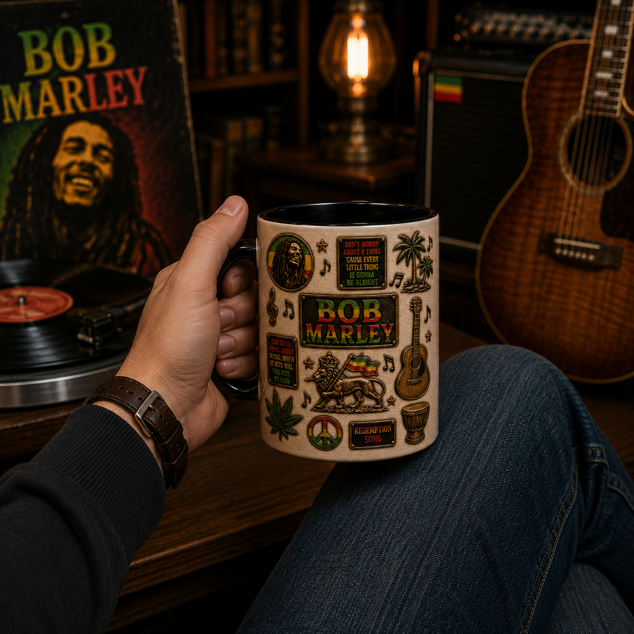 Bob Marley Mug – Reggae Coffee Mug with Three Little Birds, Redemption Song & Rastafari Inspired Design