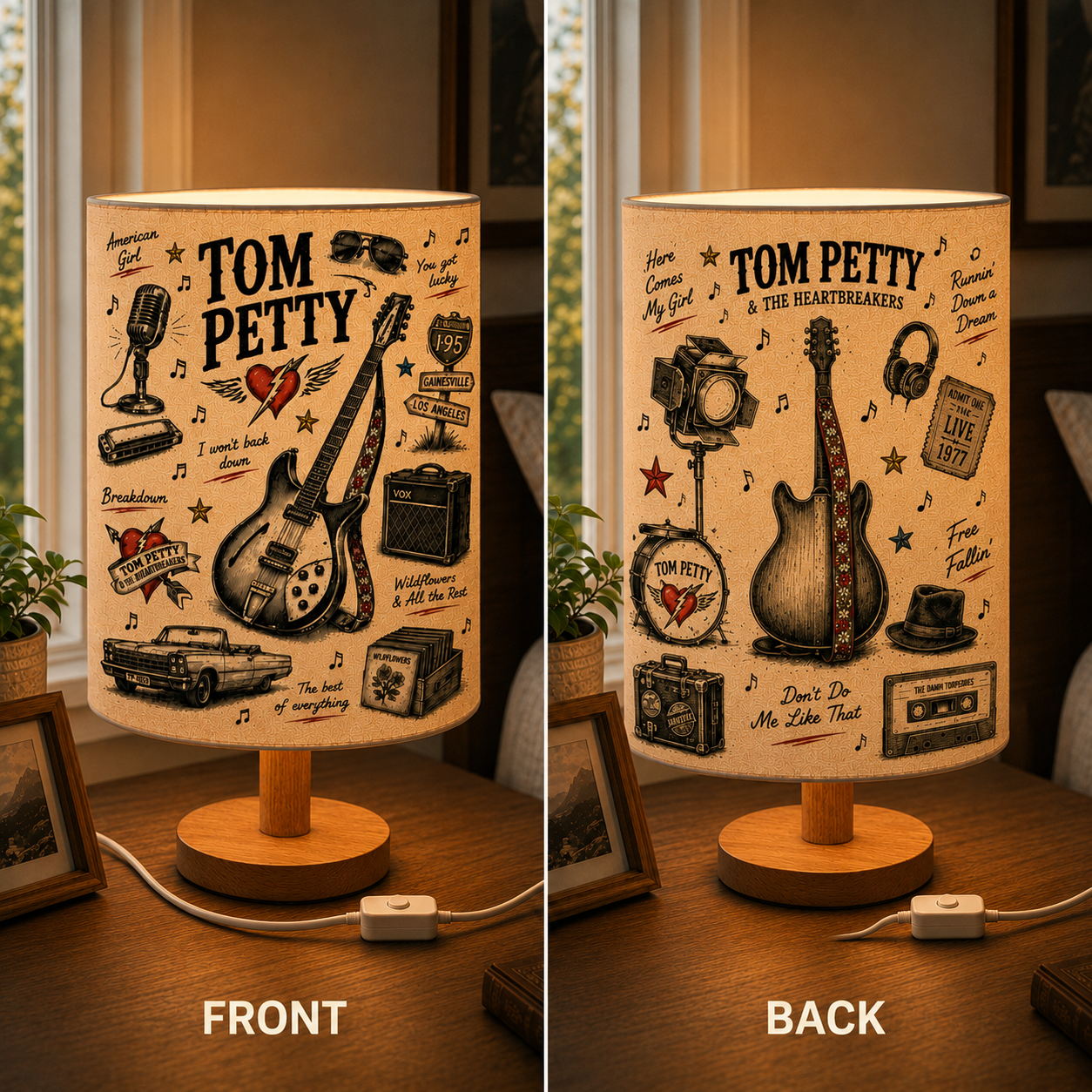 Tom Petty Sketch Fabric Table Lamp – Music Room Decor Wooden Bedside Lamp Gift