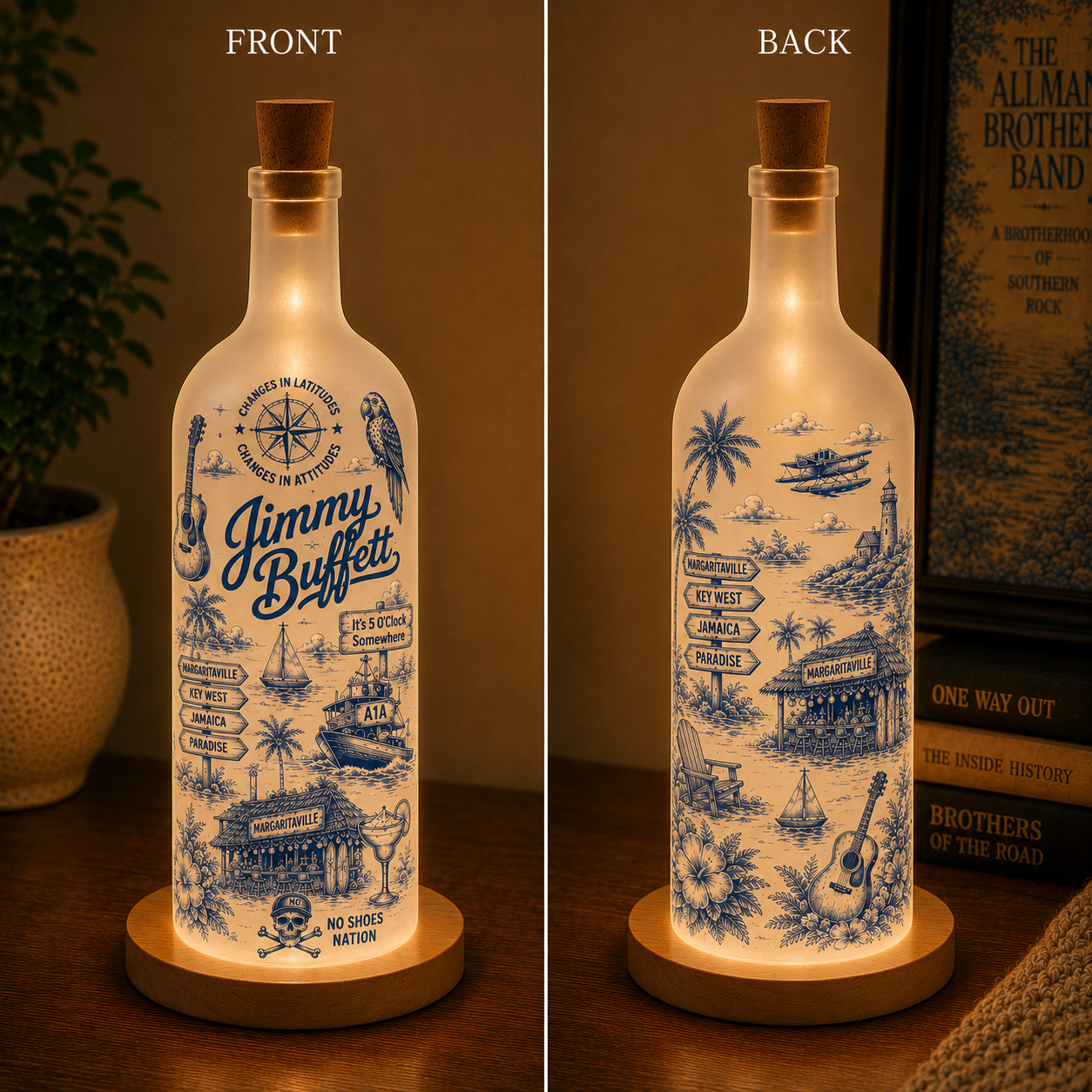 Jimmy Buffett Bottle Lamp – Handmade LED Glass Bottle Lamp, Tropical Jimmy Buffett Night Light, Margaritaville Coastal Decor Gift
