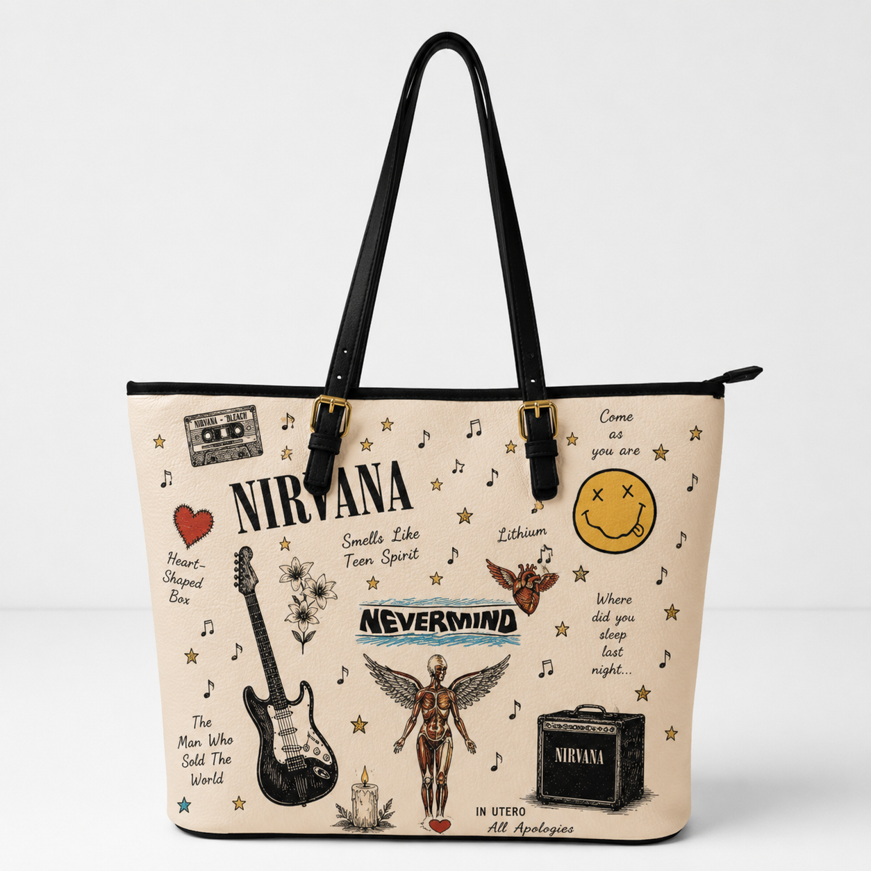 Nirvana Sketch Icon Handbag, Tote Bag and Wallet Set, Nevermind & In Utero Inspired Classic Rock Accessories, Nirvana Fan Gift