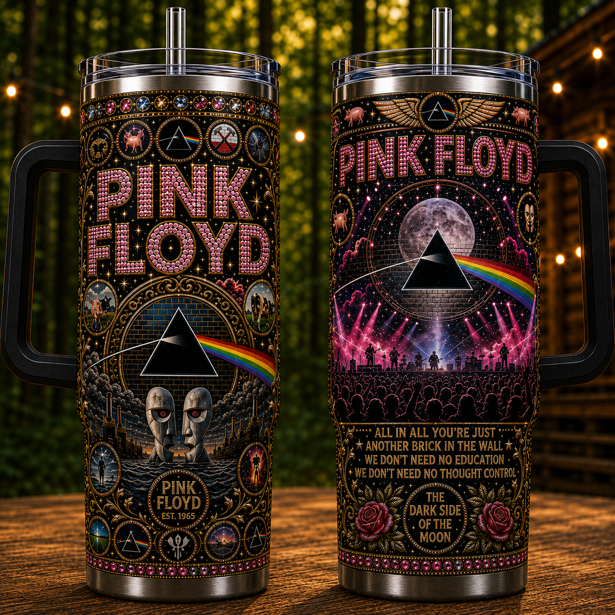 Pink Floyd 40oz Rhinestone Insulated Tumbler with Handle - Stainless Steel Travel Mug with Straw and Lid