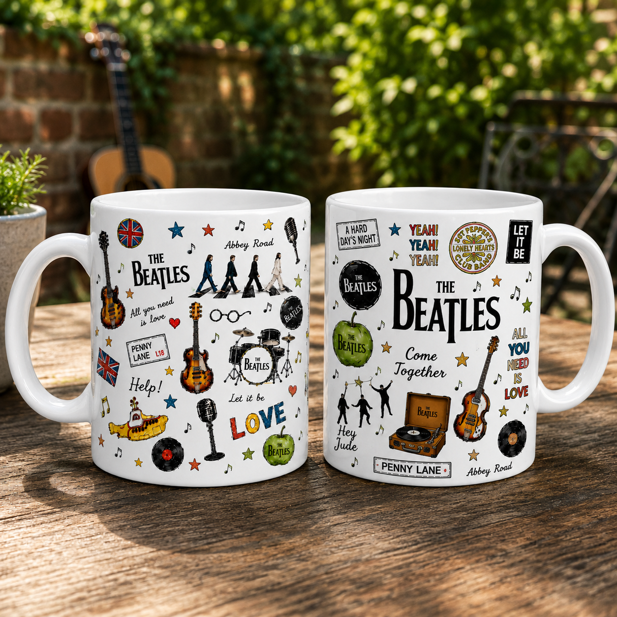 The Beatles Sketch Icon Collage Mug, Abbey Road and Yellow Submarine Coffee Cup, Classic Rock Music Fan Gift