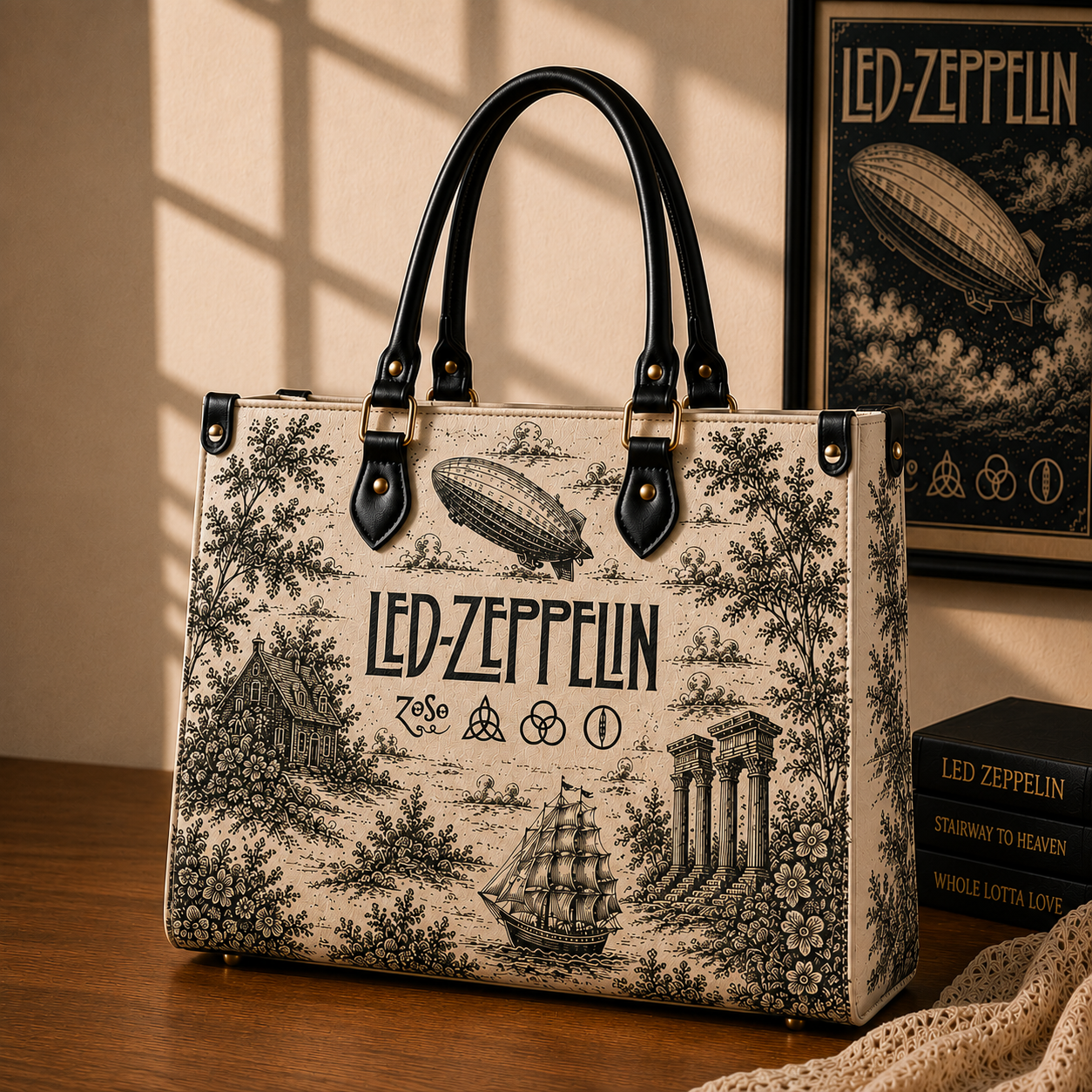 Led Zeppelin Vintage Toile Leather Handbag, Leather Tote Bag, Leather Wallet Set - Luxury Rock Music Accessories
