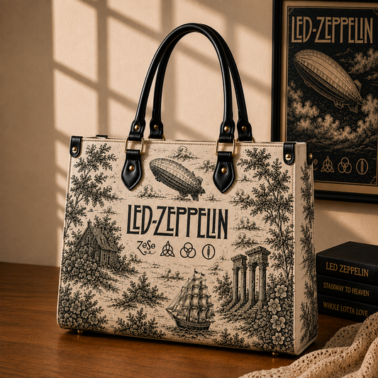 Led Zeppelin Vintage Toile Leather Handbag, Leather Tote Bag, Leather Wallet Set - Luxury Rock Music Accessories