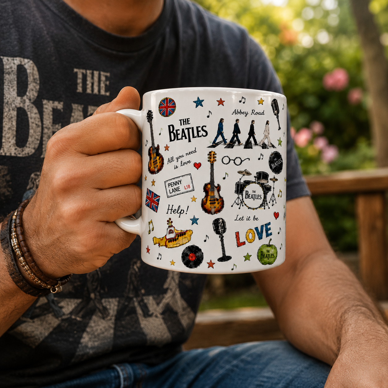 The Beatles Sketch Icon Collage Mug, Abbey Road and Yellow Submarine Coffee Cup, Classic Rock Music Fan Gift