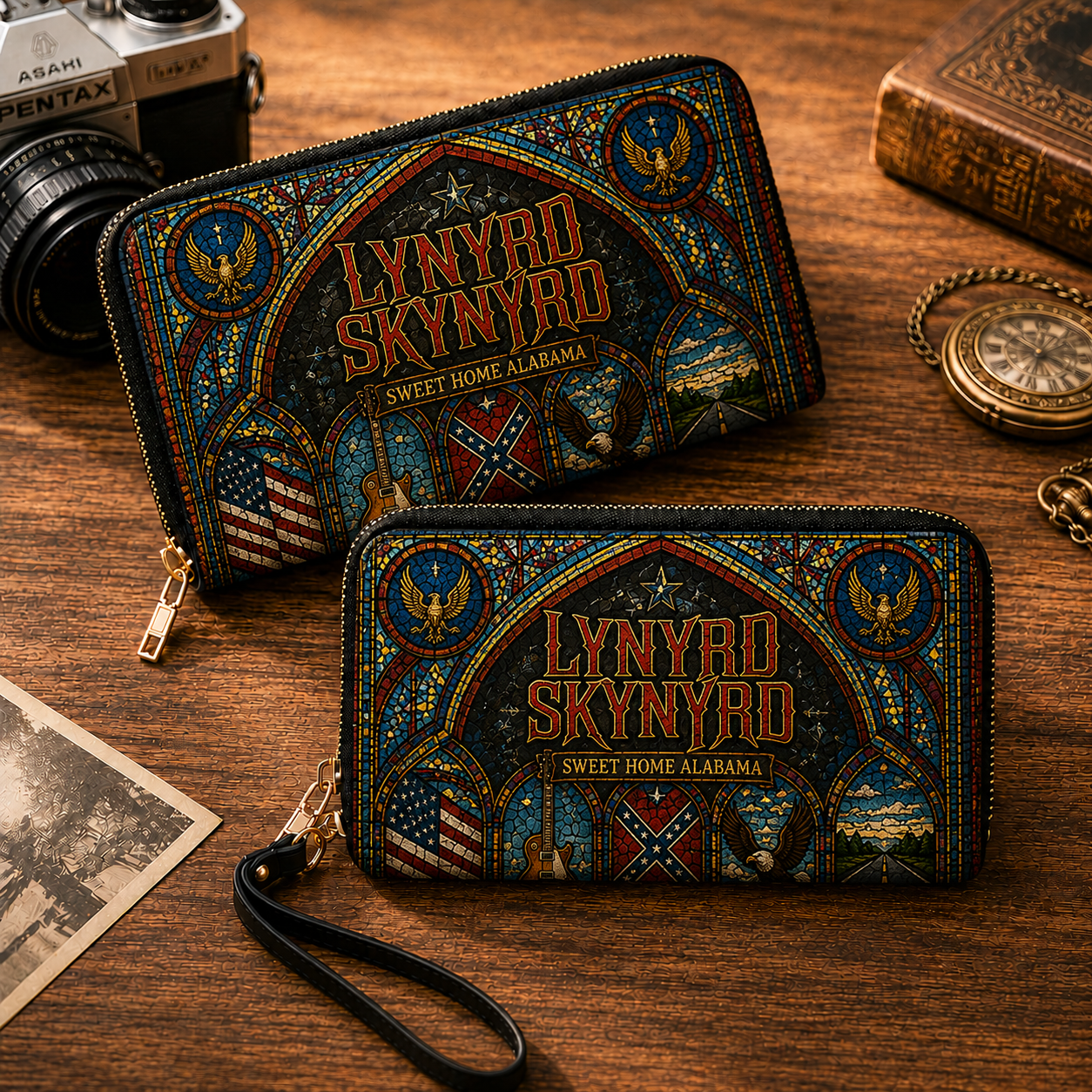 Lynyrd Skynyrd Leather Handbag, Leather Tote Bag, Leather Wallet Set - Stained Glass Lynyrd Skynyrd Band Fan Gift, Luxury Rock Music Accessories