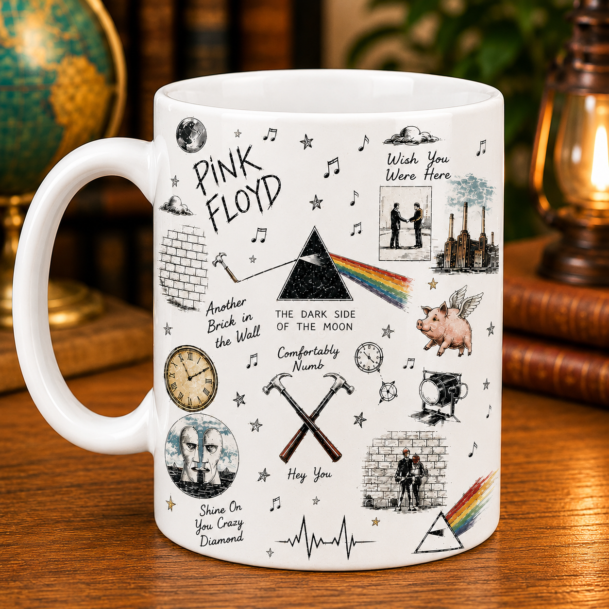 Pink Floyd Sketch Icon Collage Mug, Dark Side of the Moon and Wish You Were Here Coffee Cup, Classic Rock Fan Gift