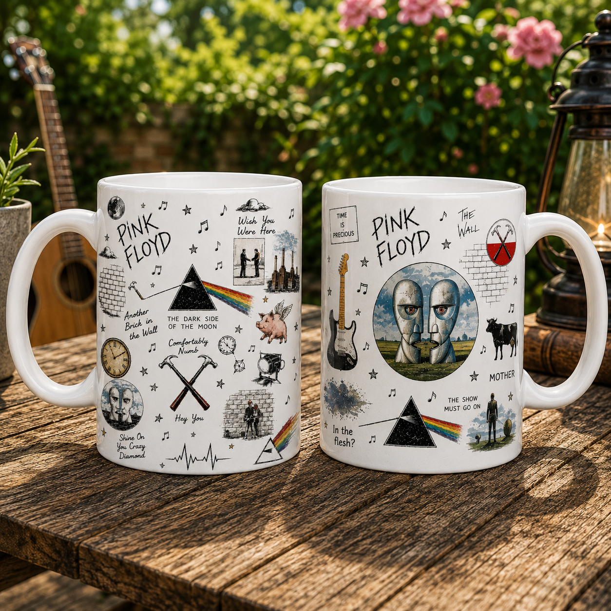 Pink Floyd Sketch Icon Collage Mug, Dark Side of the Moon and Wish You Were Here Coffee Cup, Classic Rock Fan Gift