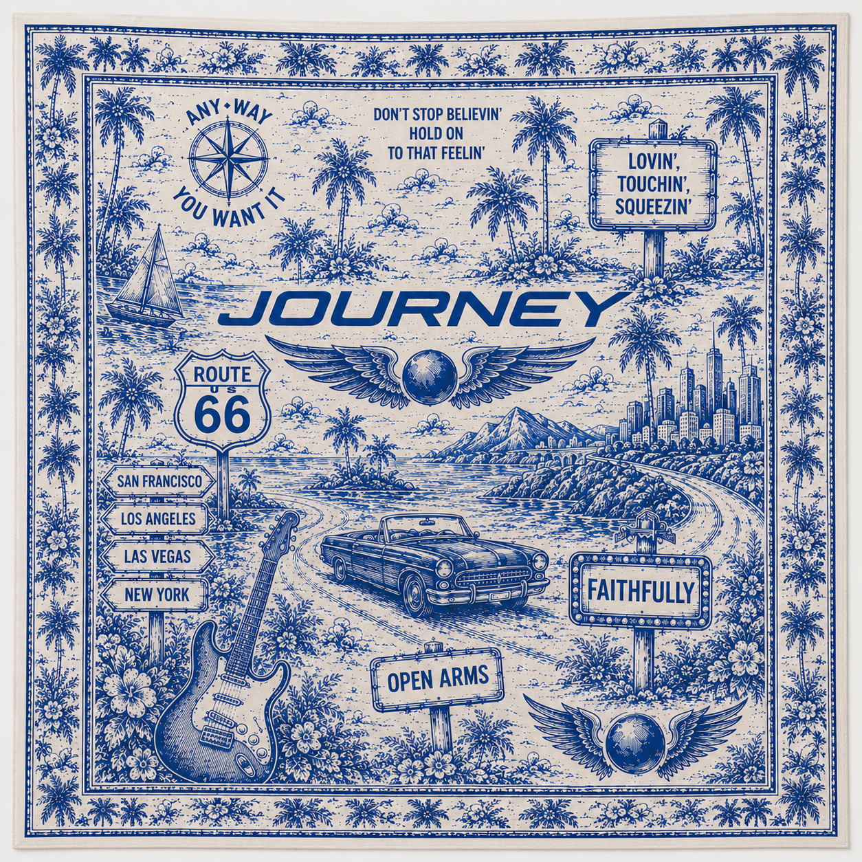 Journey Inspired Toile Style Satin Bandana - Vintage Route 66 Road Trip Scarf with Classic Rock Travel Design