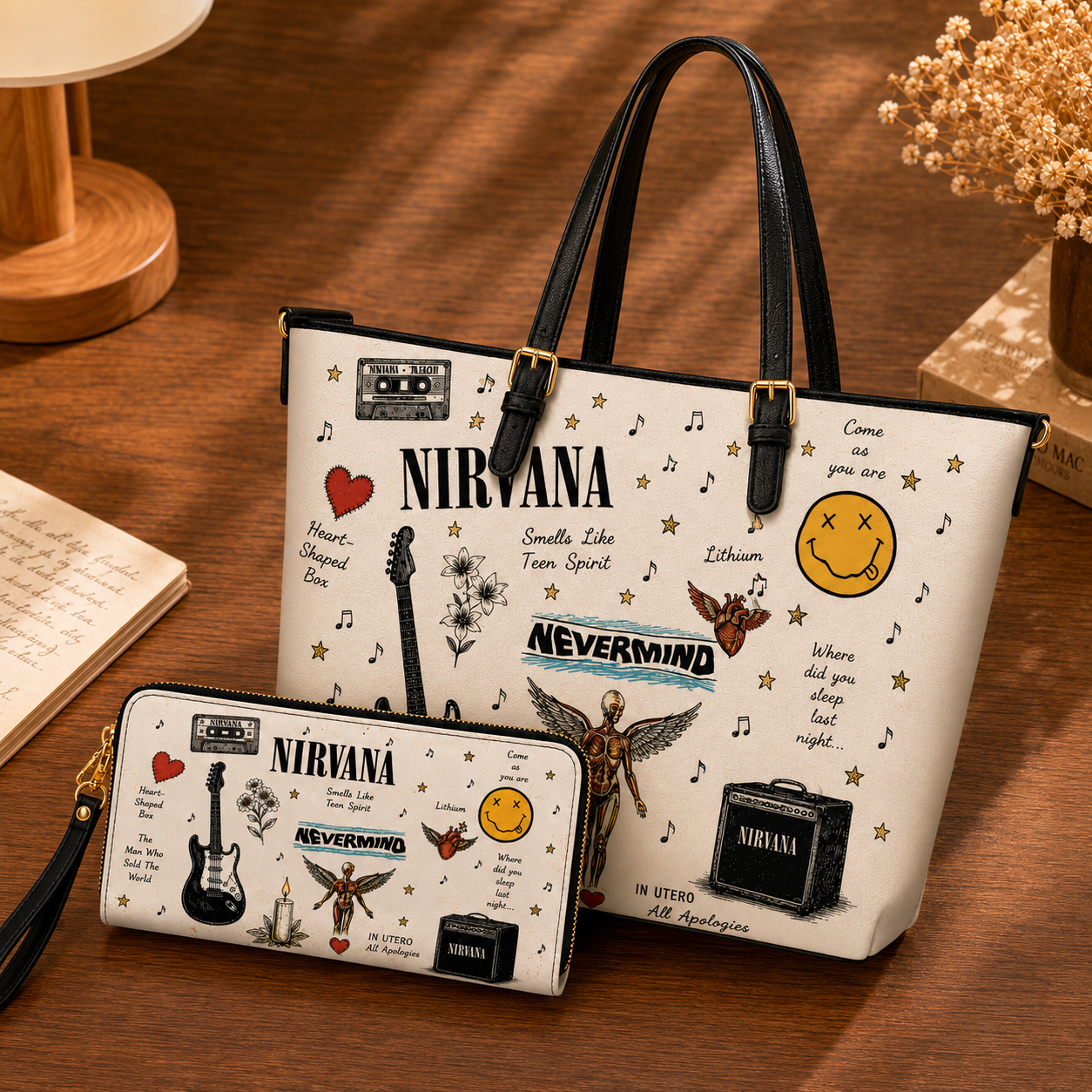 Nirvana Sketch Icon Handbag, Tote Bag and Wallet Set, Nevermind & In Utero Inspired Classic Rock Accessories, Nirvana Fan Gift