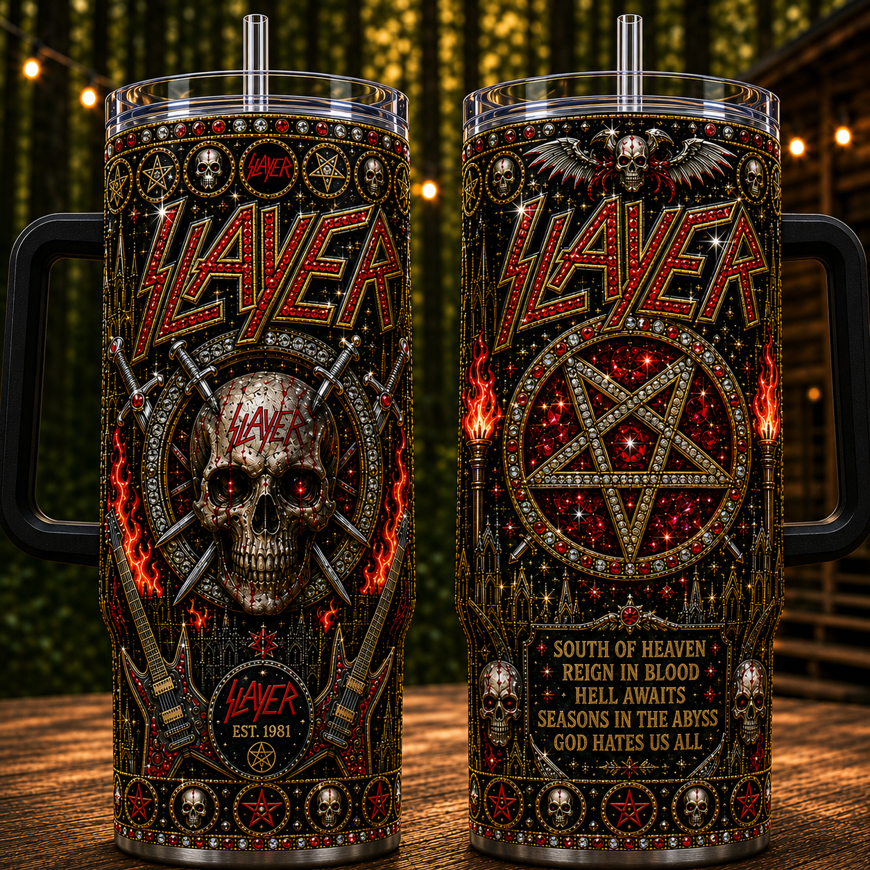 Slayer 40oz Rhinestone Insulated Tumbler with Handle - Stainless Steel Travel Mug with Straw and Lid