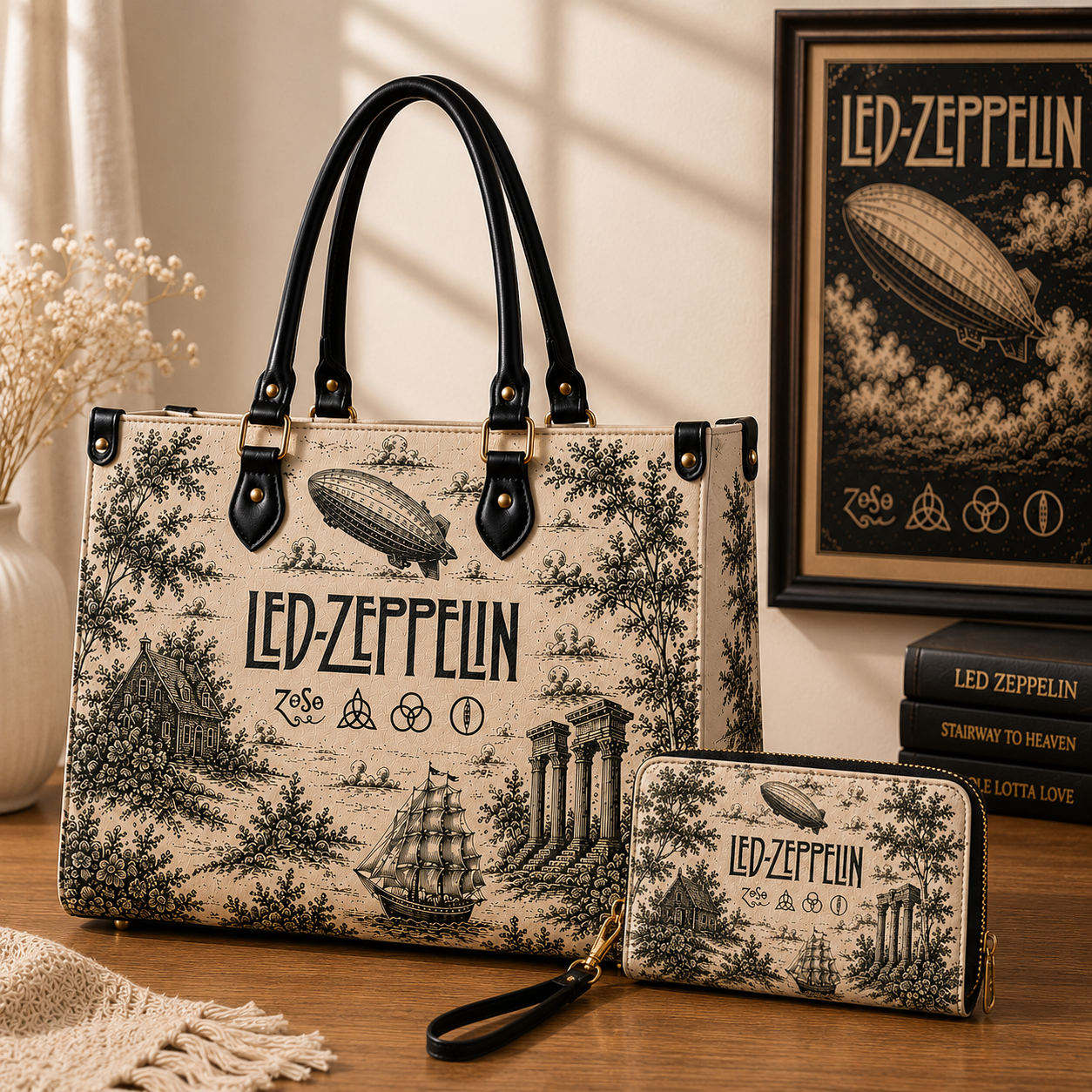 Led Zeppelin Vintage Toile Leather Handbag, Leather Tote Bag, Leather Wallet Set - Luxury Rock Music Accessories