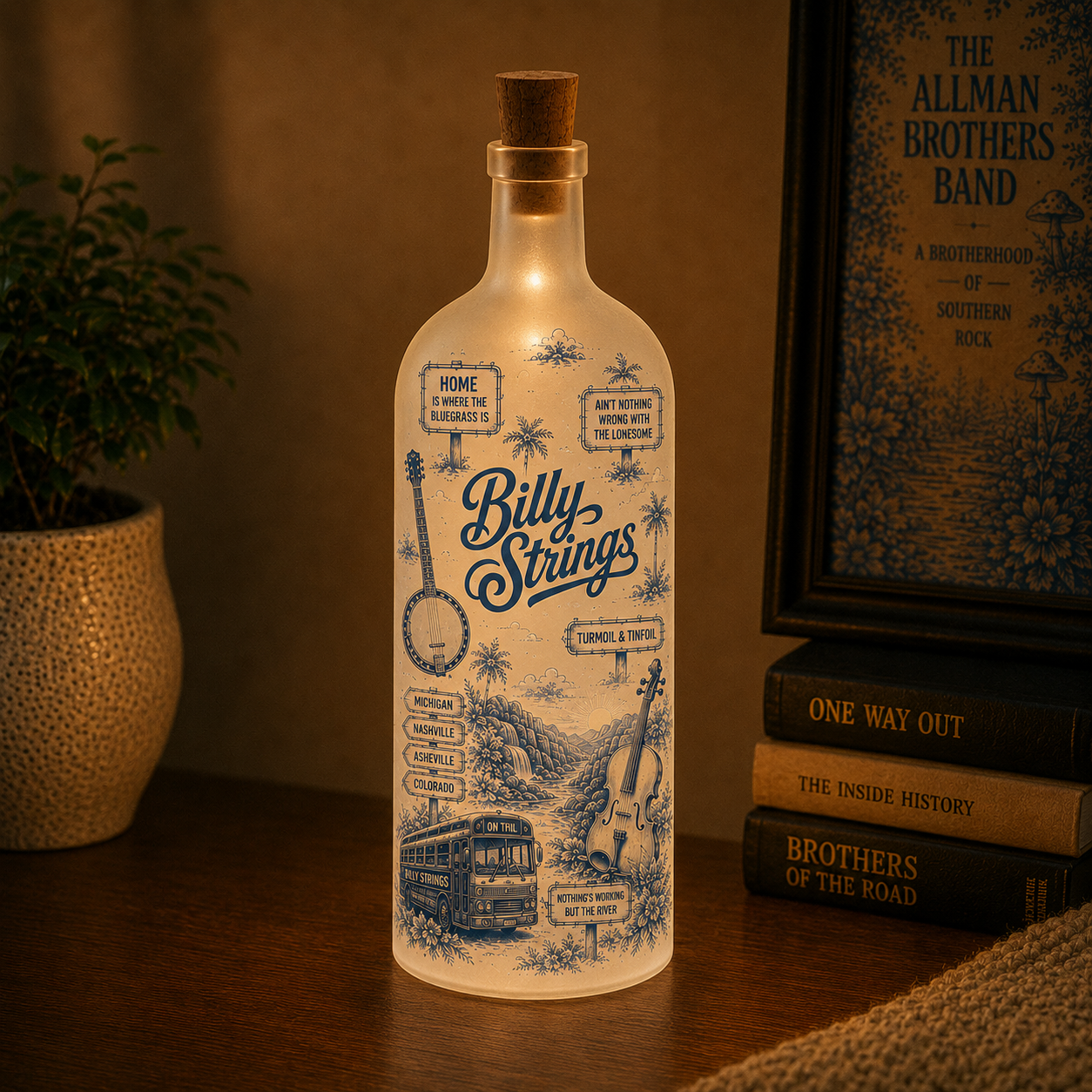 Billy Strings Bottle Lamp – Handmade LED Glass Bottle Lamp, Bluegrass Music Night Light, Billy Strings Gift for Americana Fans