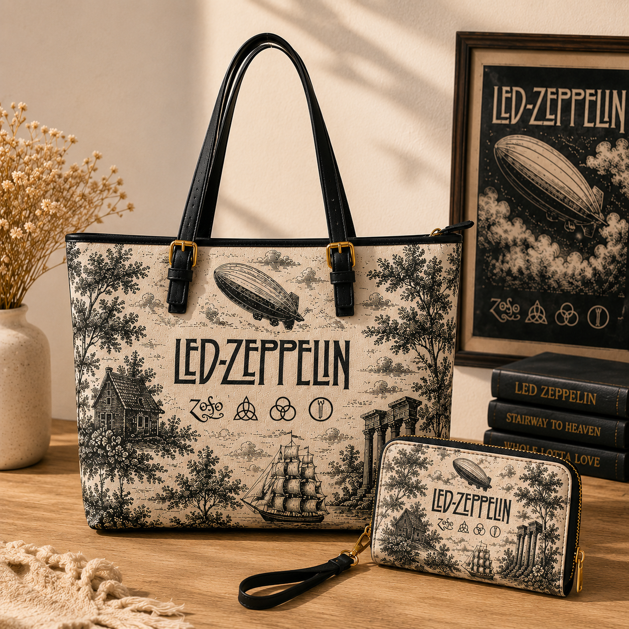 Led Zeppelin Vintage Toile Leather Handbag, Leather Tote Bag, Leather Wallet Set - Luxury Rock Music Accessories