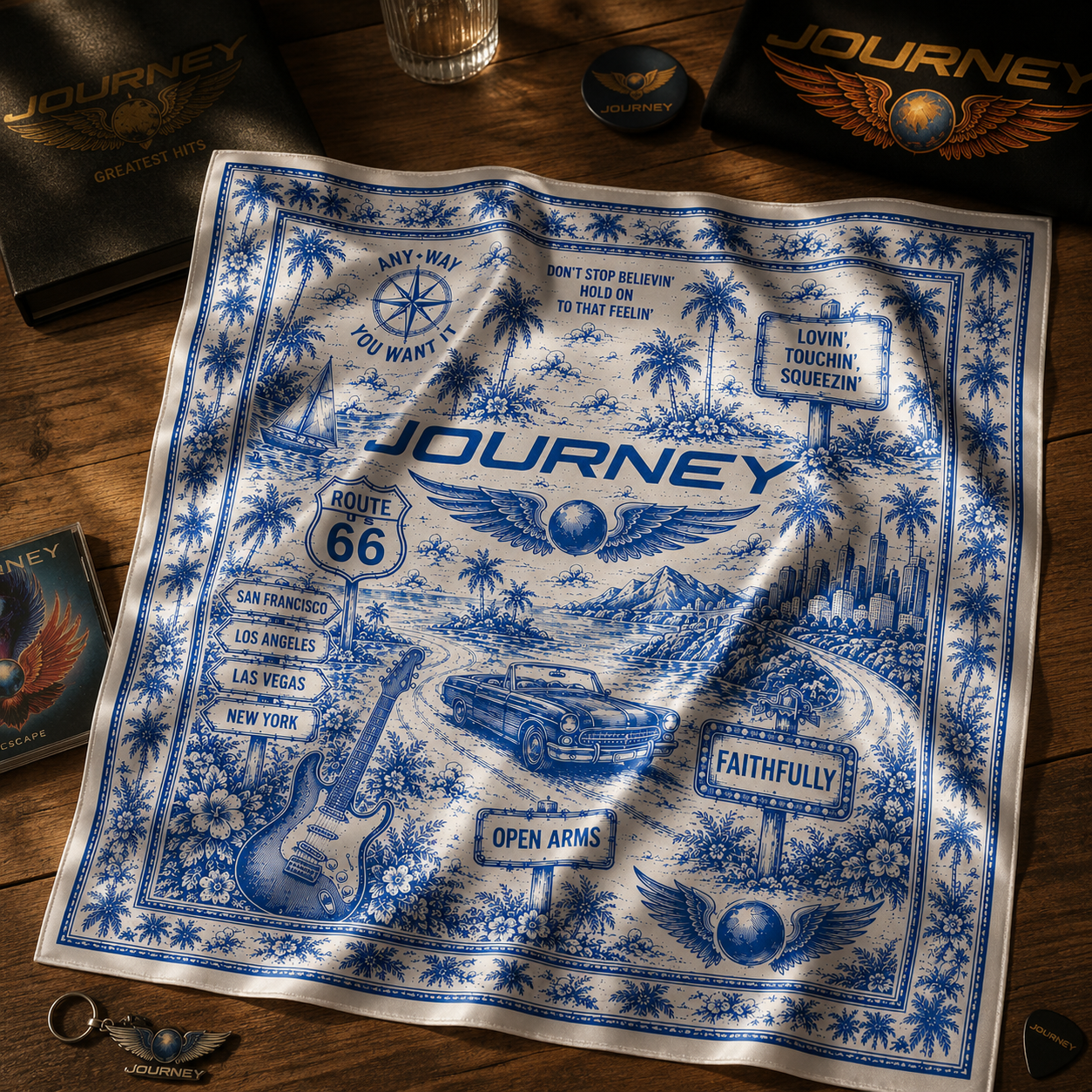 Journey Inspired Toile Style Satin Bandana - Vintage Route 66 Road Trip Scarf with Classic Rock Travel Design