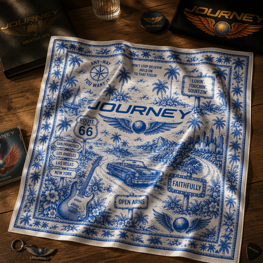Journey Inspired Toile Style Satin Bandana - Vintage Route 66 Road Trip Scarf with Classic Rock Travel Design